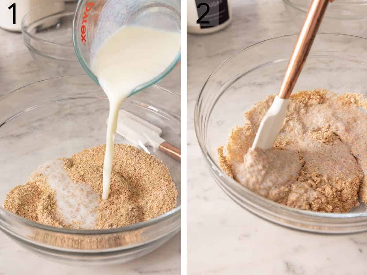 Set of two photos showing buttermilk added to the wheat and mixed.