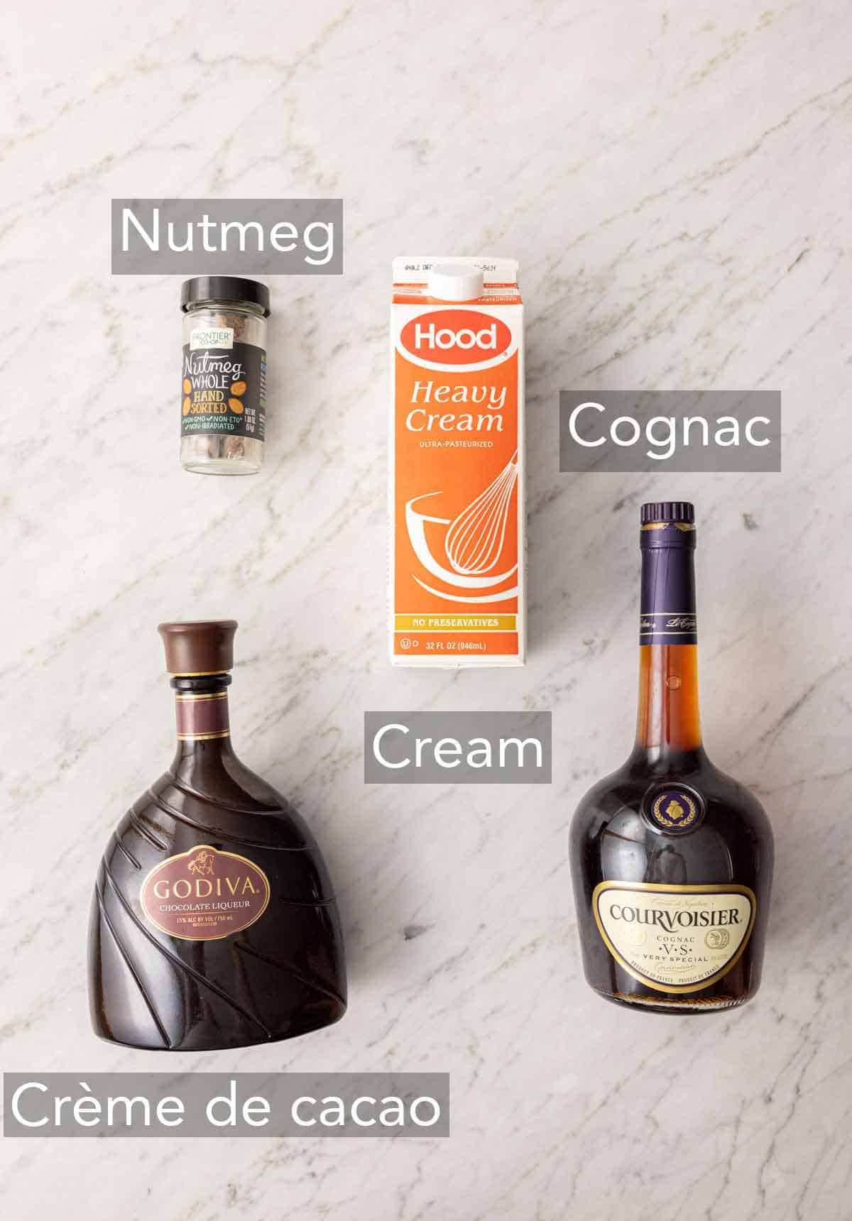 Ingredients needed to make a Brandy Alexander.