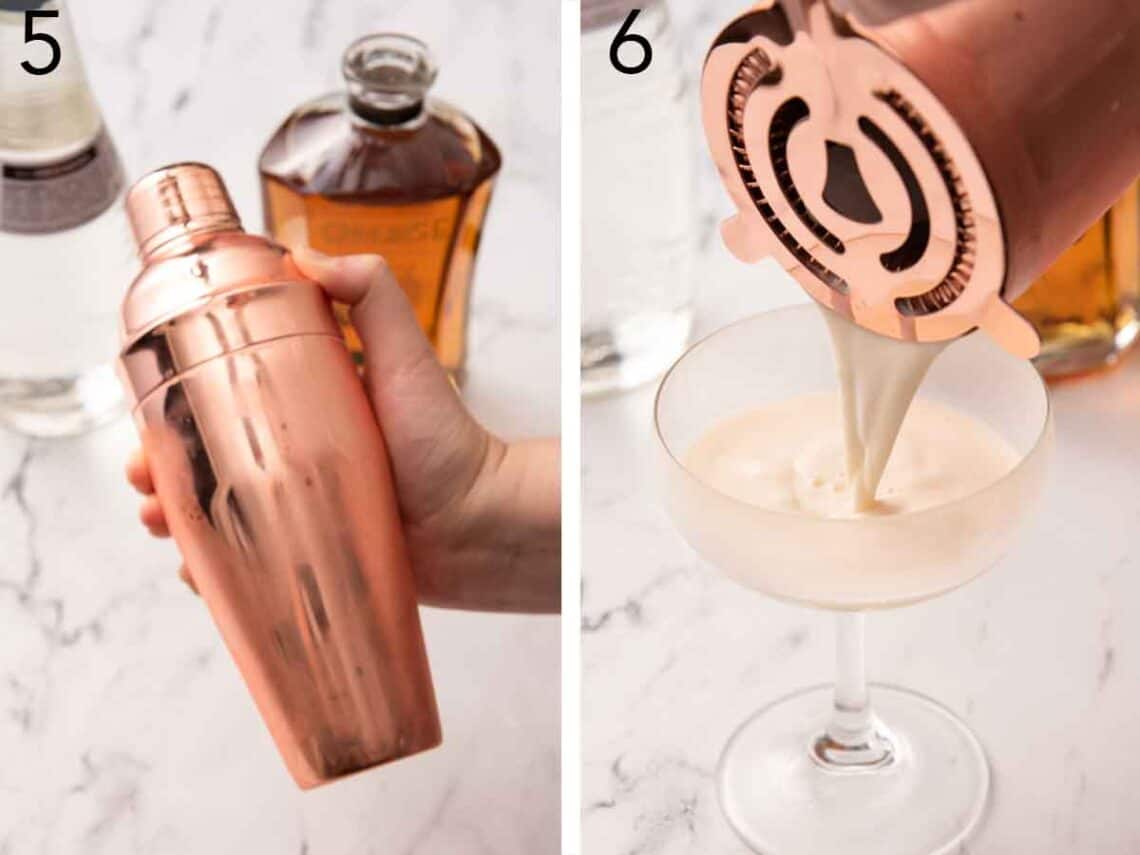 Set of two photos showing shaker shaken and strained into a coupe glass.
