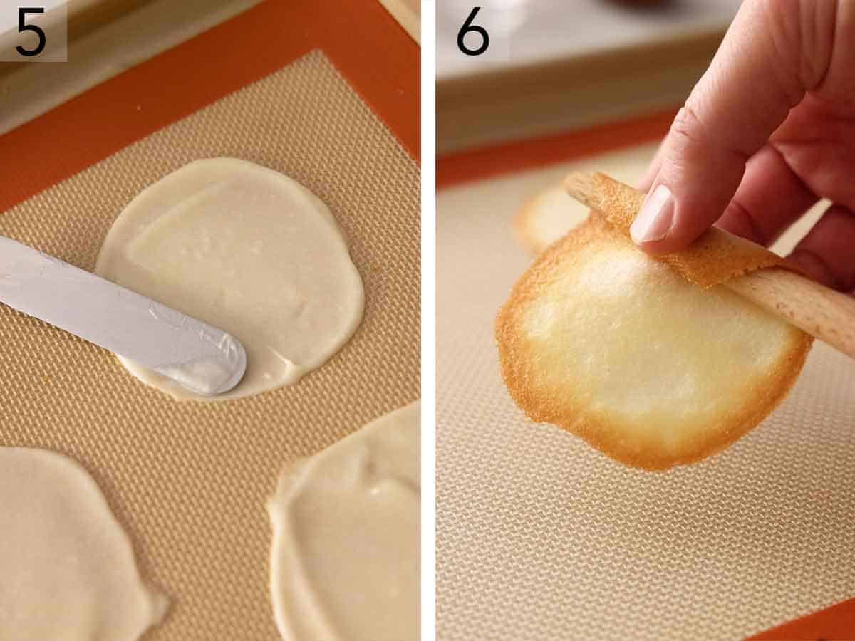 Set of two photos showing batter spread into a circle then baked cookies rolled.