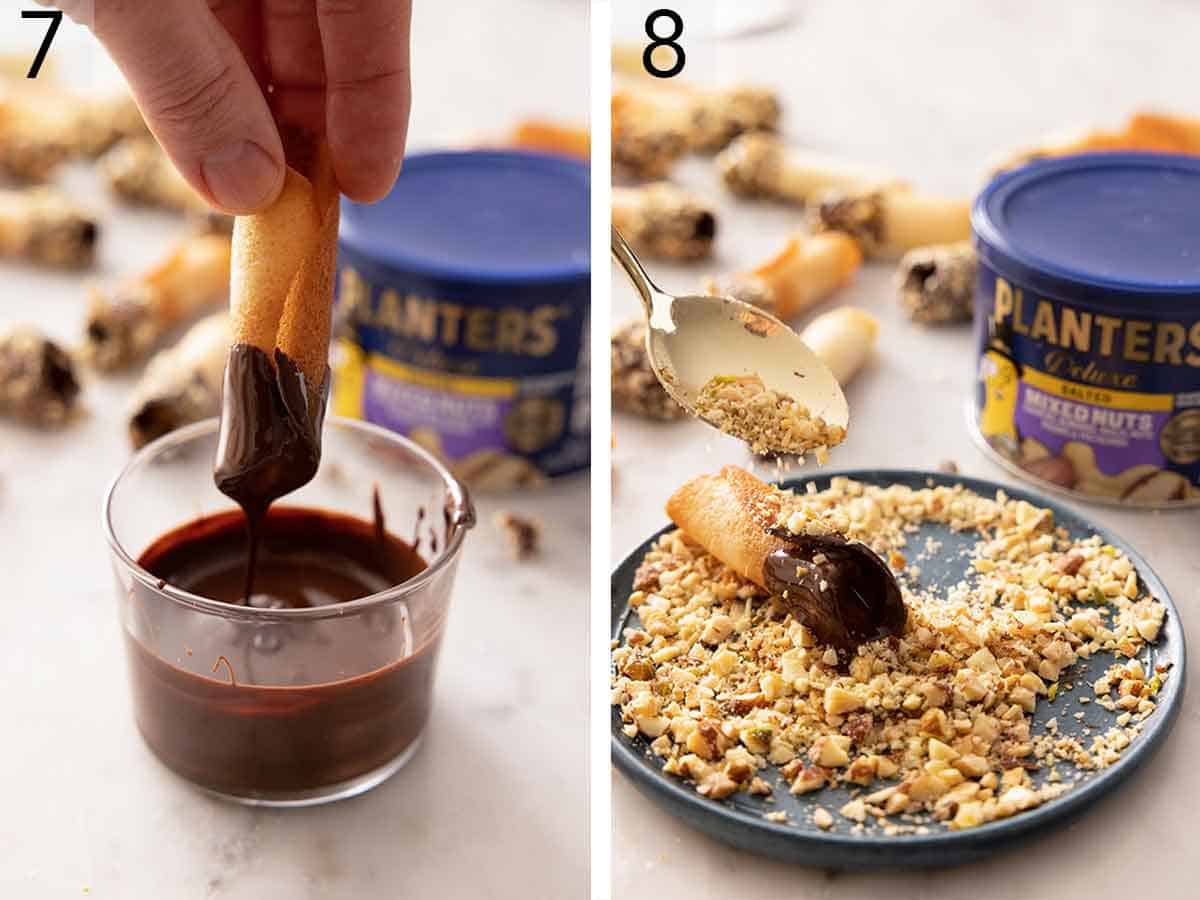 Set of two photos showing rolled tuiles dipped into chocolate and chopped nuts sprinkled on top.