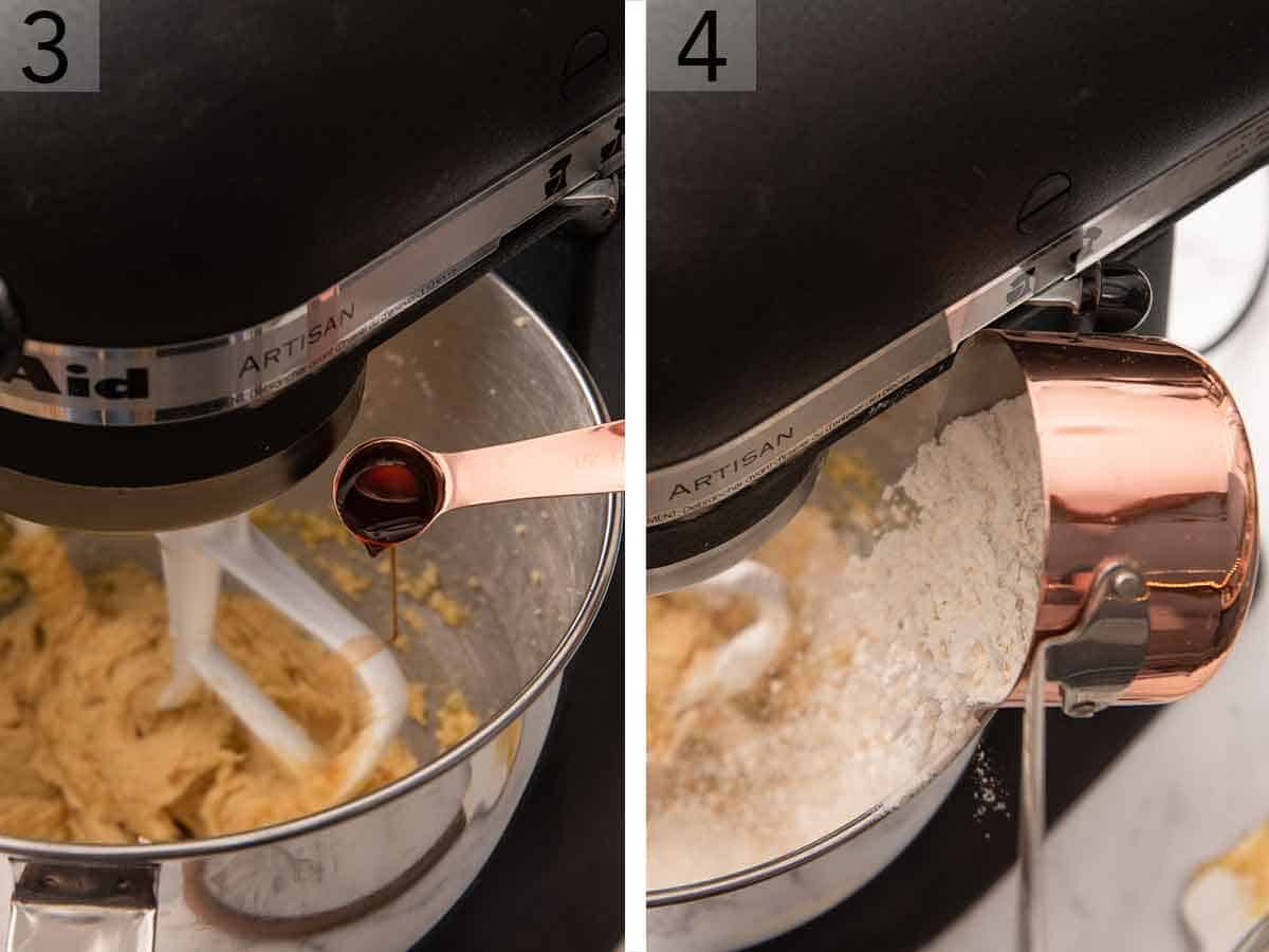 Set of two photos showing vanilla and flour added to the mixer.