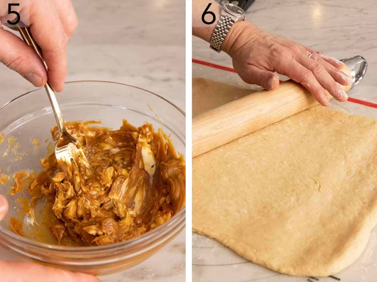 Set of two photos showing butter mixed into dulce de leche in a bowl and cinnamon roll dough rolled out.