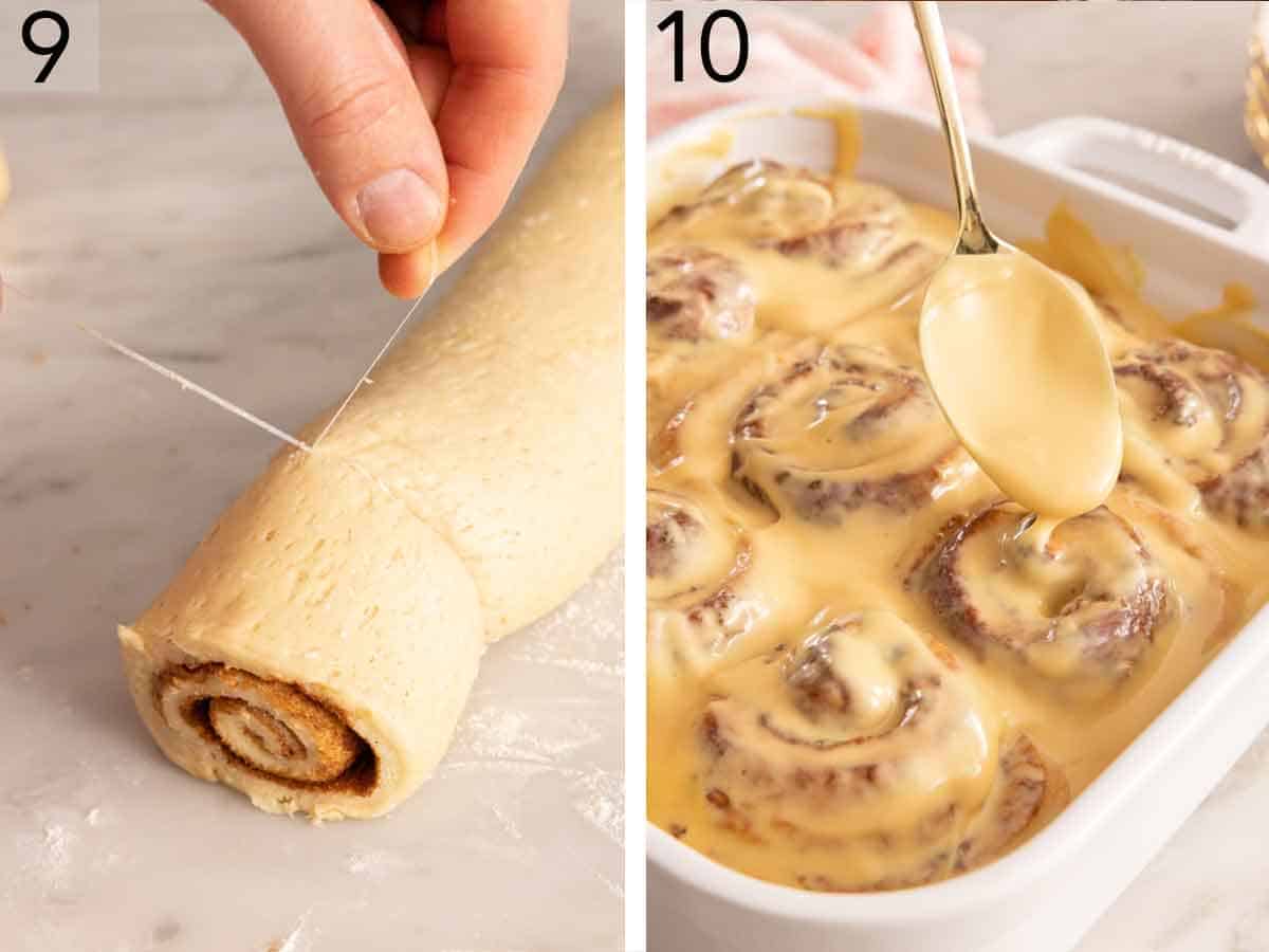 Set of two photos showing dough cut with string and glaze spooned over the baked rolls.