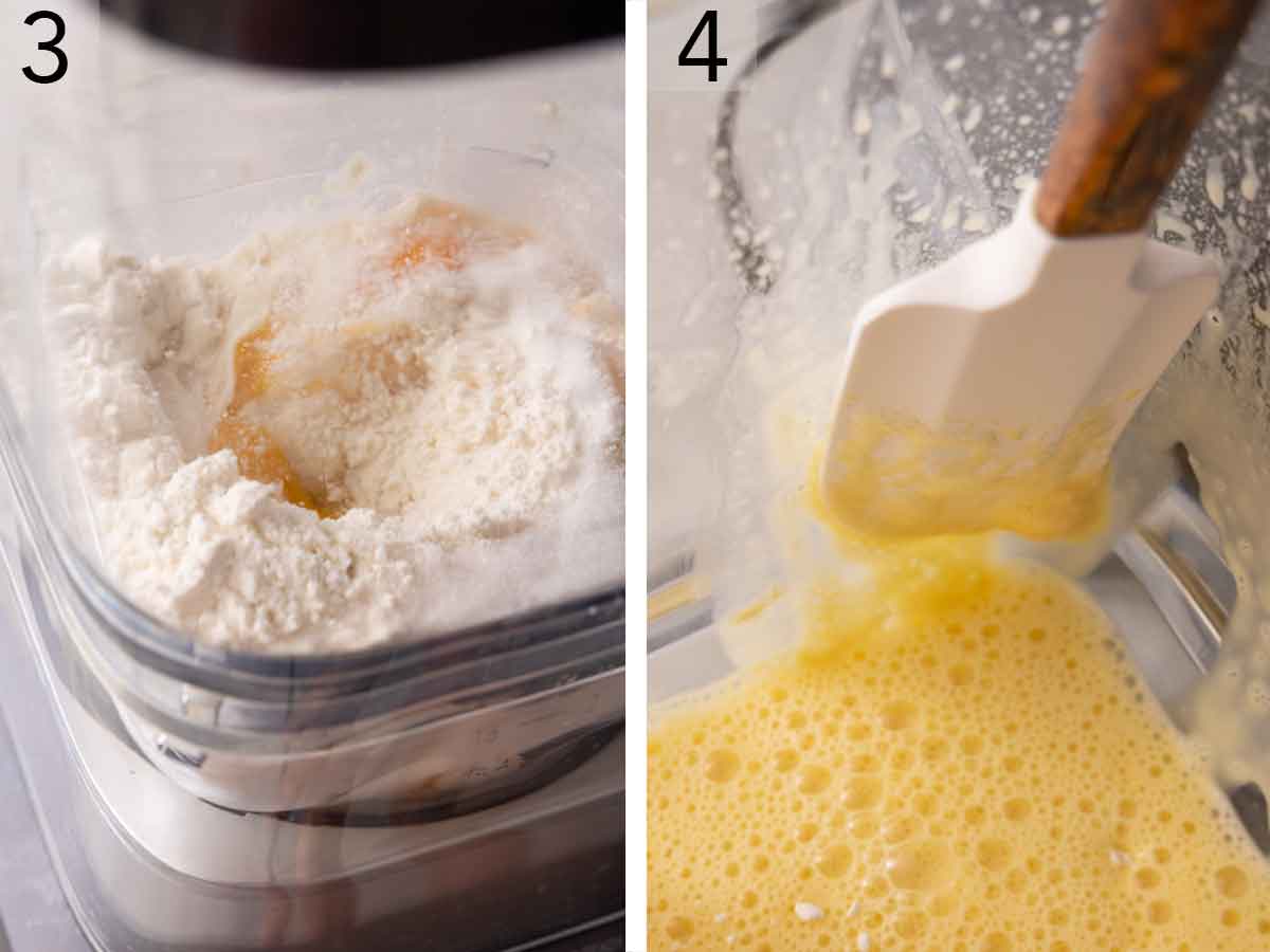 Set of two photos showing flour added to the blender and the mixture scraped down.