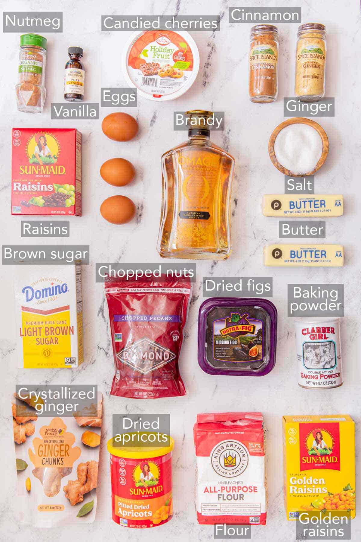 Ingredients needed to make a fruit cake.