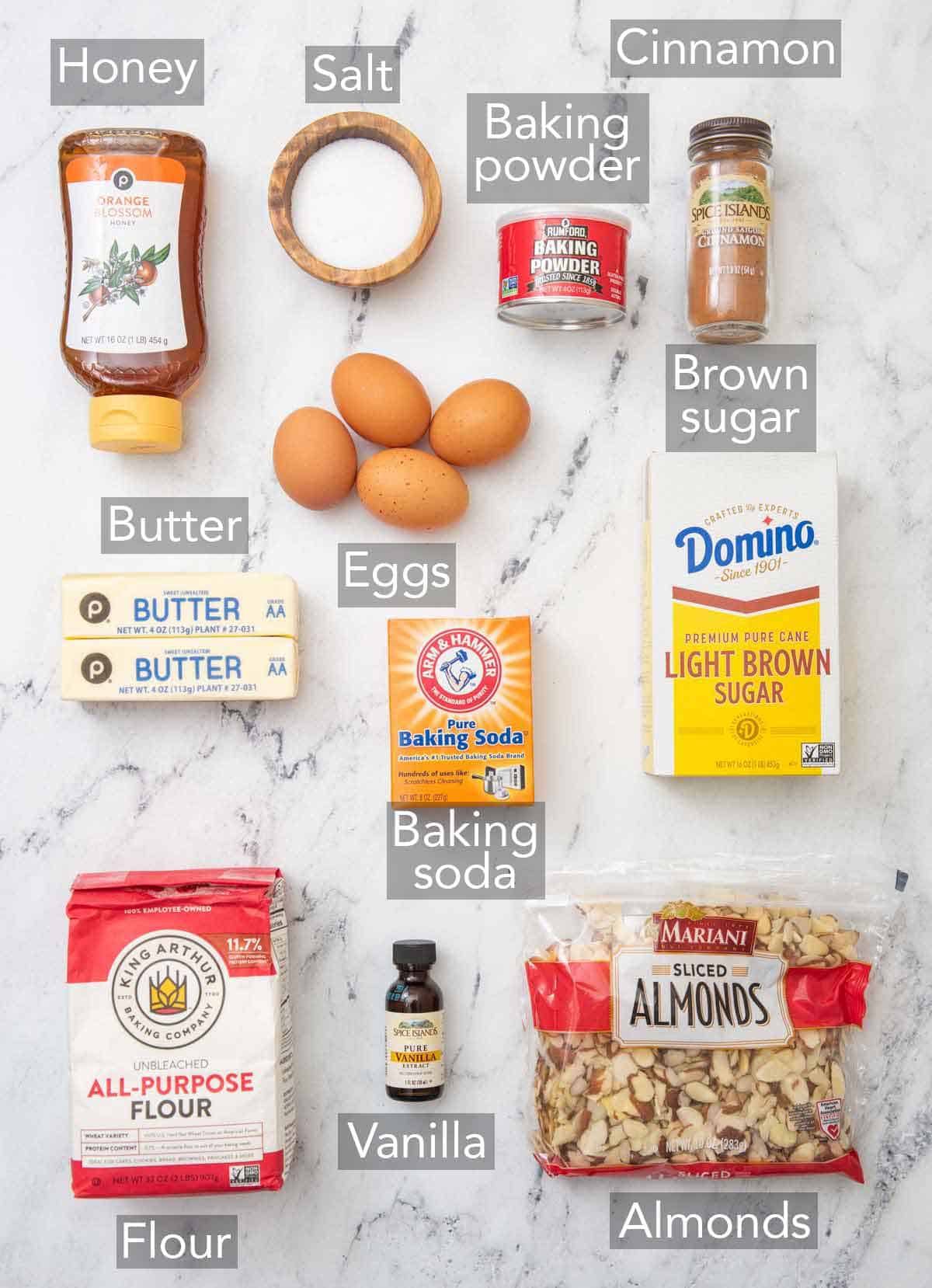 Ingredients needed to make honey cake.