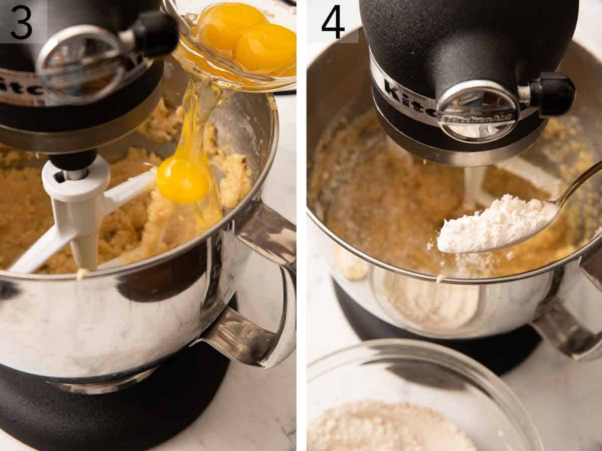 Set of two photos showing eggs and dry ingredients added to a mixer.