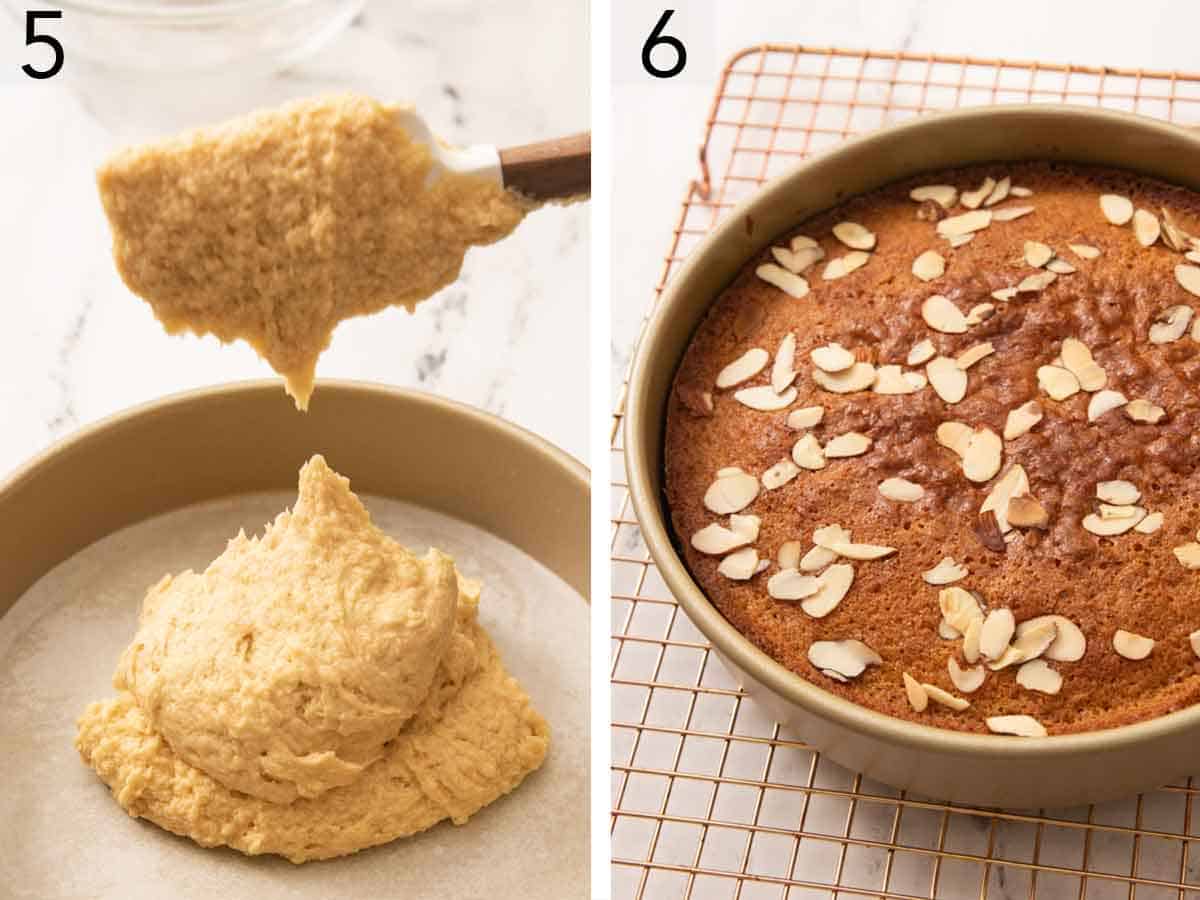 Set of two photos showing batter added to a baking pan and cake cooling on a wire rack.