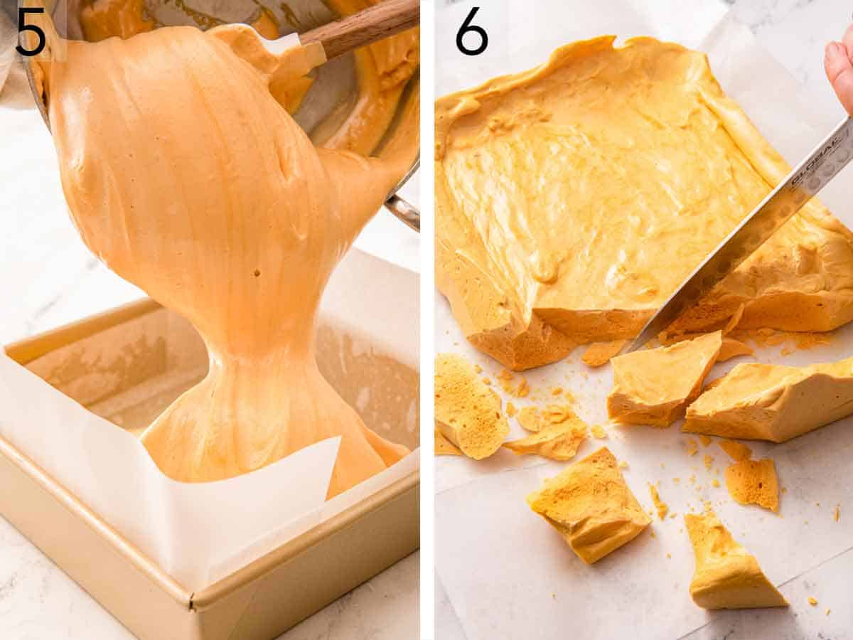 Set of two photos showing sugar mixture poured into a lined baking dish and the set slab cut into small pieces.