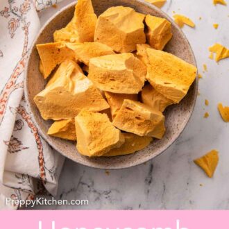 Pinterest graphic of an overhead view of a bowl of pieces of honeycomb.