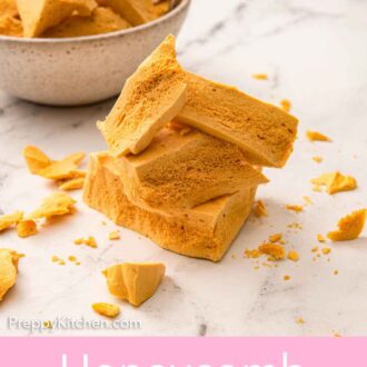 Pinterest graphic of a couple pieces of honeycomb stacked with a small bowl in the background.