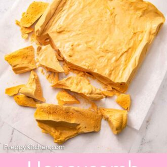 Pinterest graphic of an overhead view of a slab of honeycomb with half of it broken into smaller pieces.