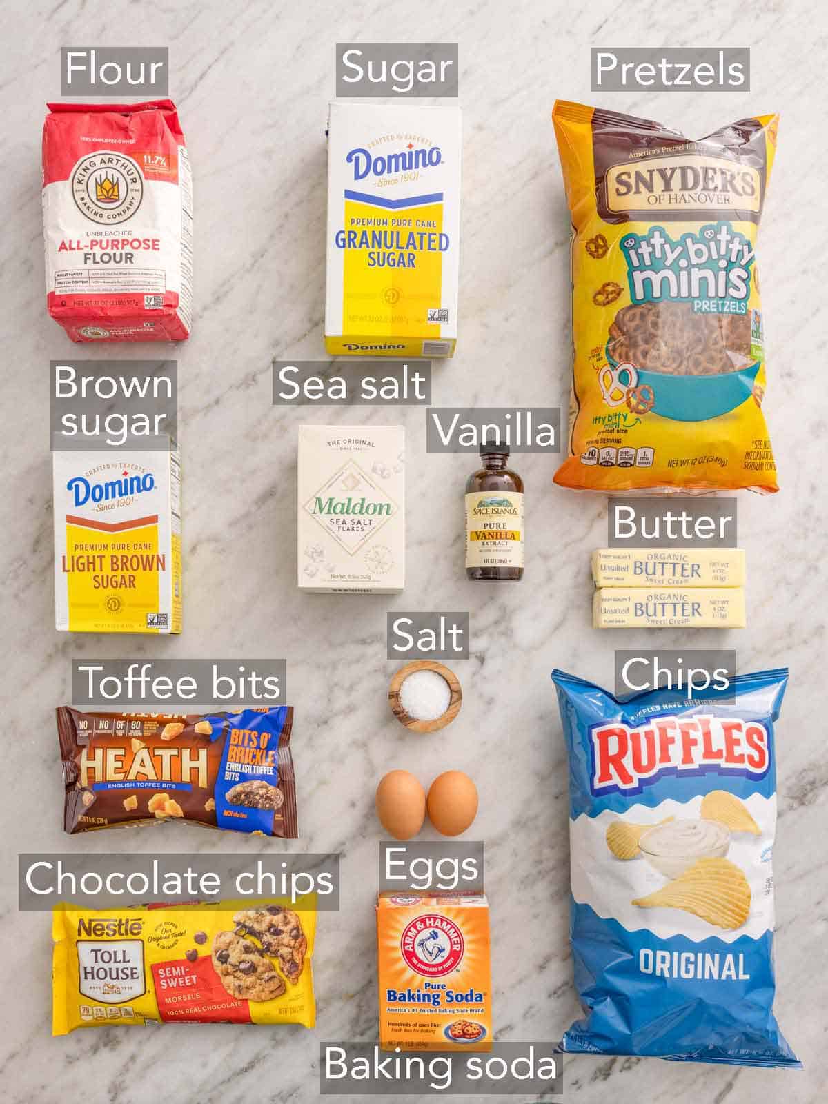 Ingredients needed to make kitchen sink cookies.