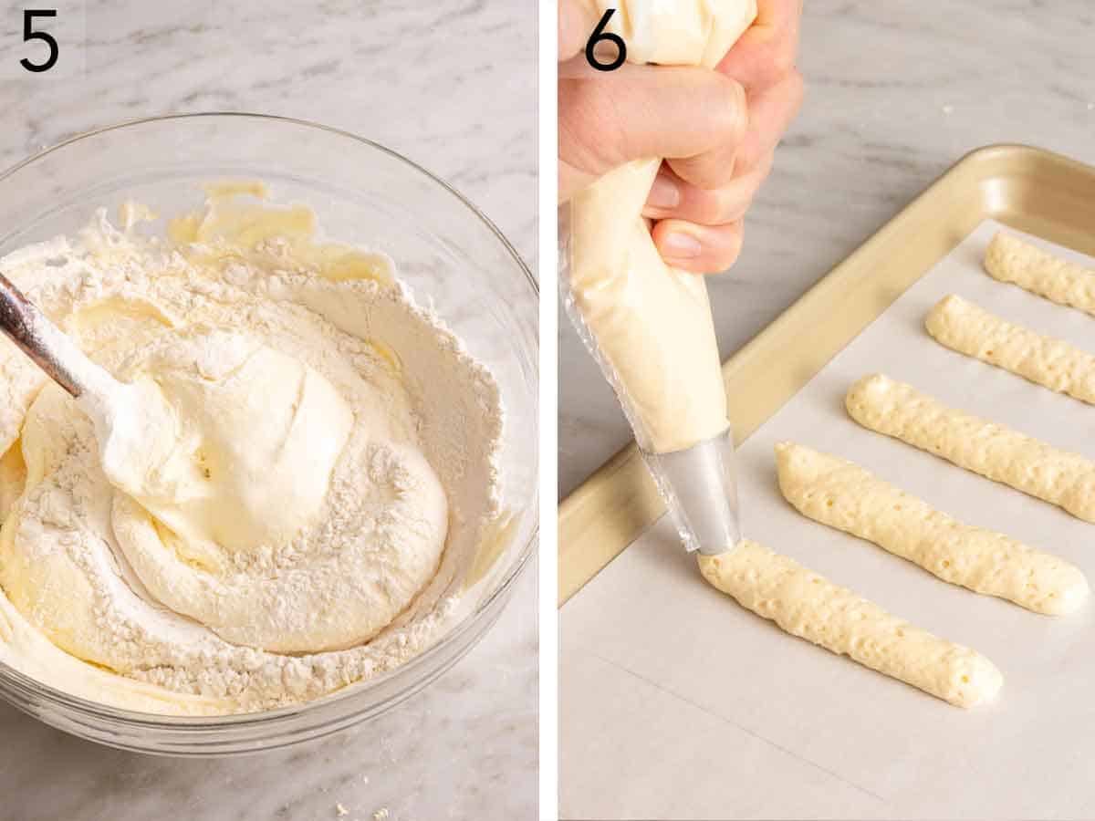 Set of two photos showing batter mixed and piped onto a sheet pan.