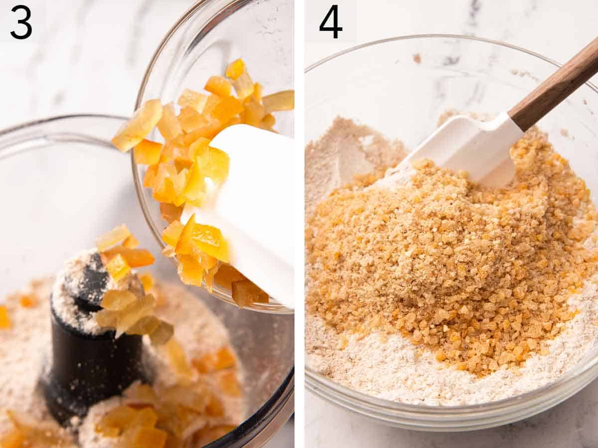 Set of two photos showing candied citrus peel added to the food processor and mixed into the flour of flour.