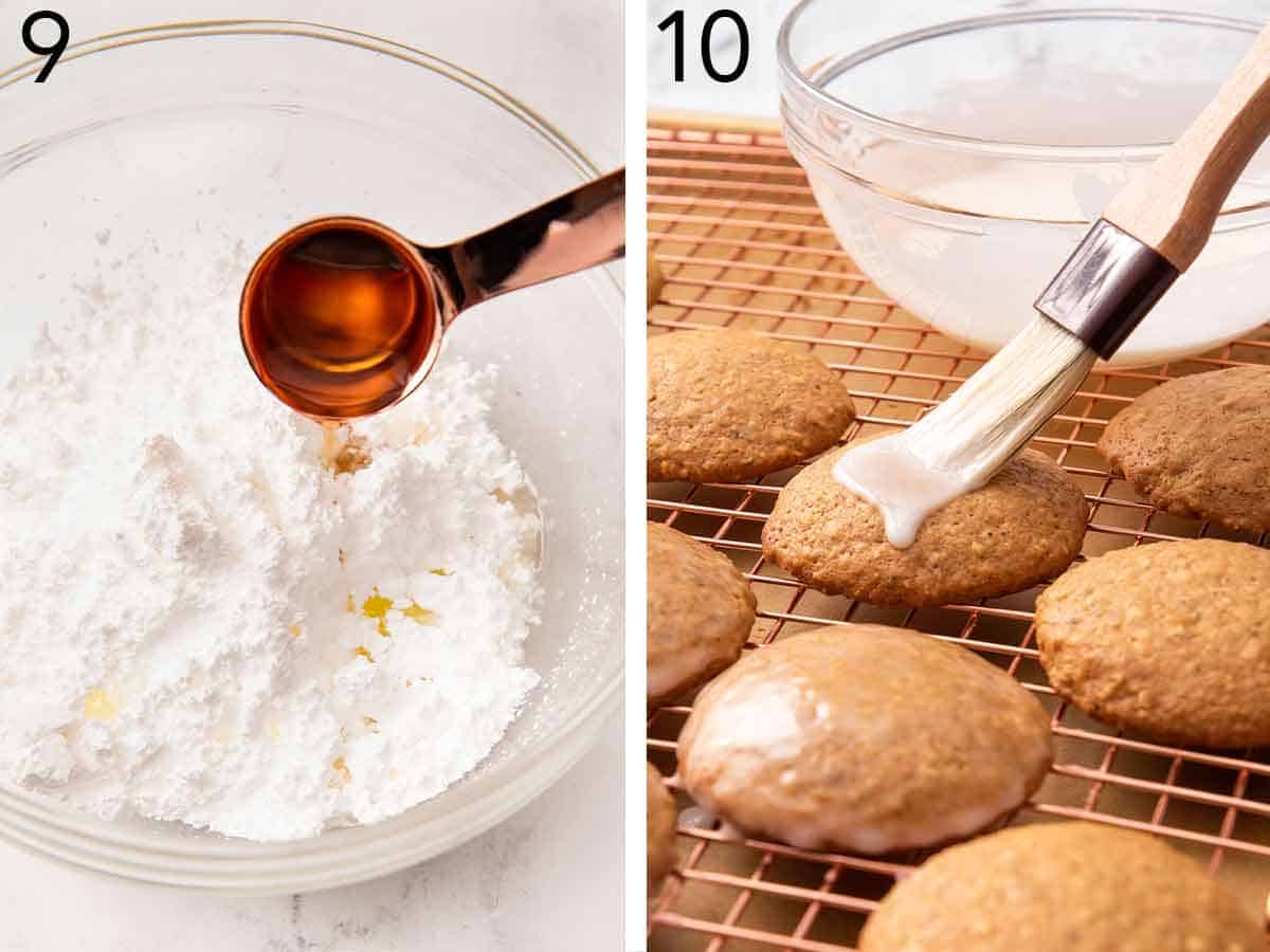 Set of two photos showing liquid added to powdered sugar to make a glaze then brushed onto the Lebkuchen.