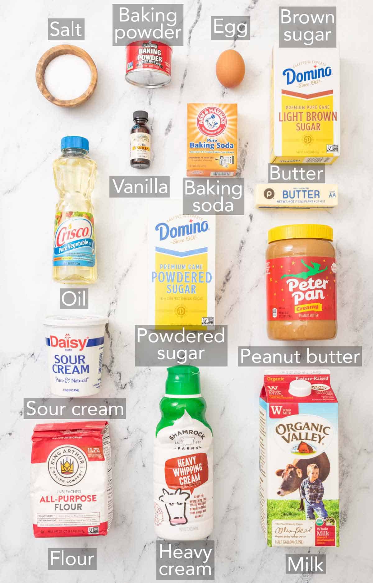 Ingredients needed to make peanut butter cupcakes.