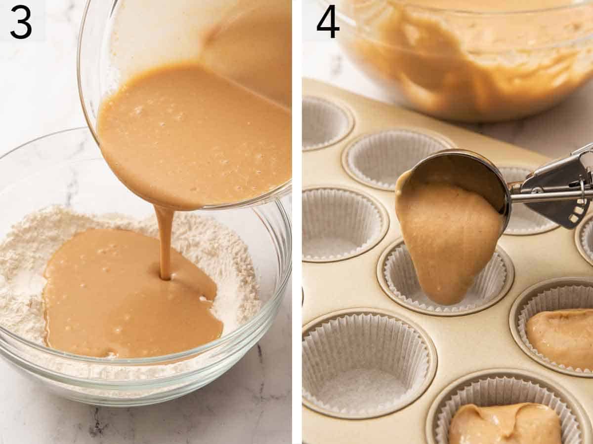 Set of two photos showing wet ingredients added to dry ingredients then scooped into a lined muffin tin.