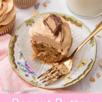 Pinterest graphic of a peanut butter cupcake on a plate, half eaten with a fork beside it.