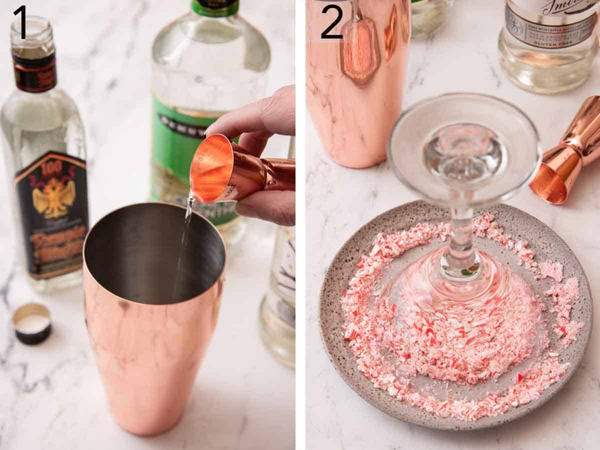 Set of two photos showing jigger of liquid added to the shaker and cocktail glass placed upside down in a plate of crushed candies.