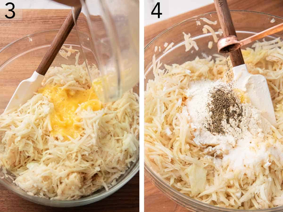 Set of two photos showing egg, flour, and seasoning added to the bowl.