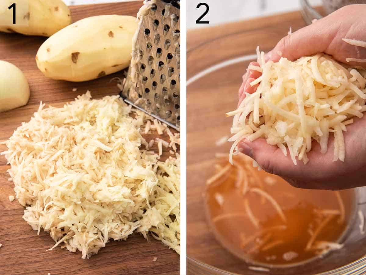 Set of two photos showing potatoes shredded and soaked.