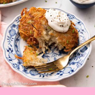 Pinterest graphic of a plate with potato pancakes with a piece pulled off with a fork.