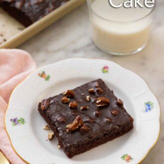 Pinterest graphic of a plate with a square piece of Texas sheet cake with a cup of glass in the background.