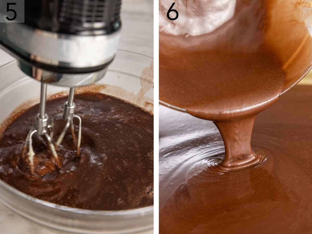 Set of two photos showing batter mixed and poured onto a sheet pan.