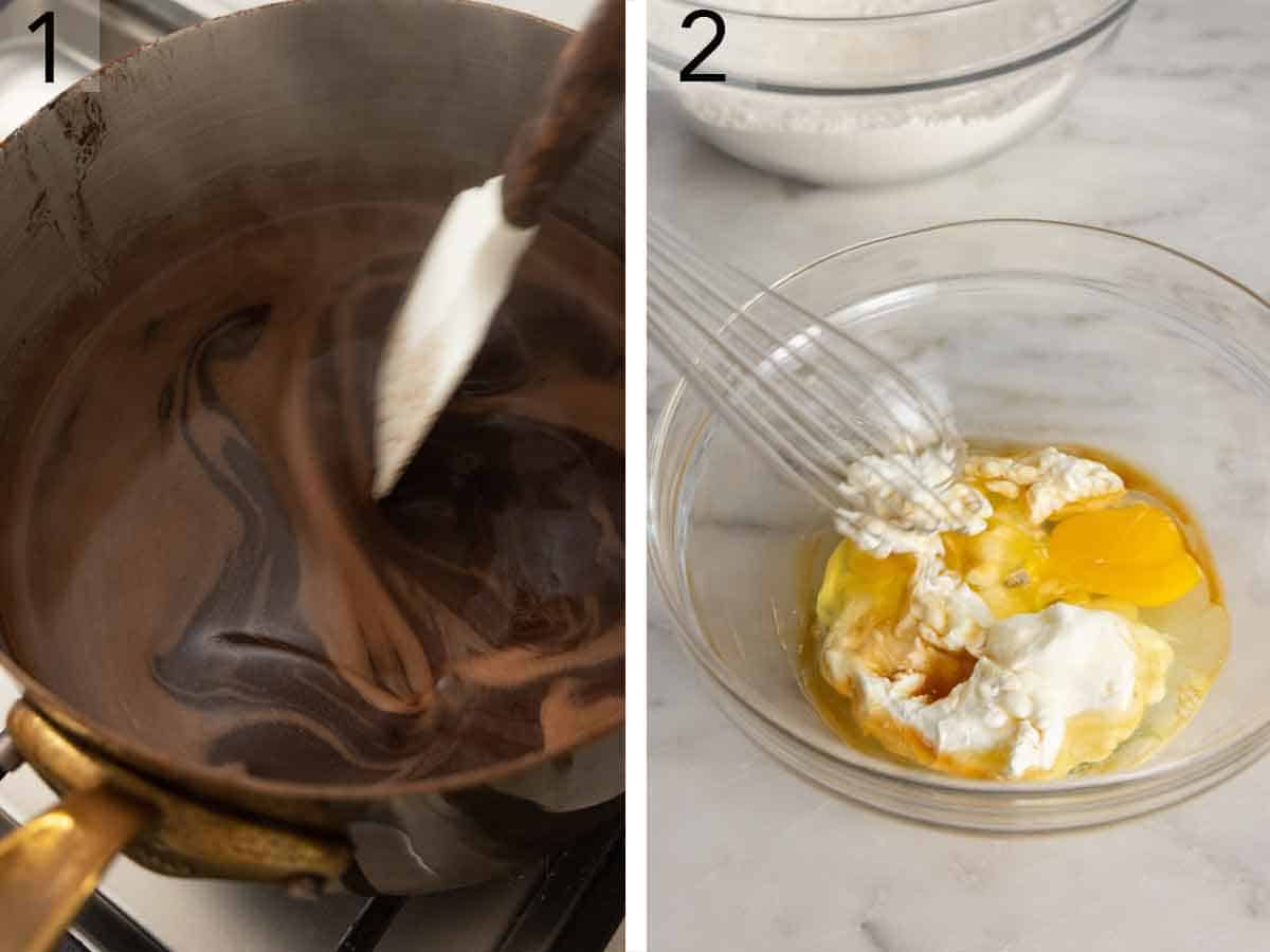 Set of two photos showing water, butter, and cocoa powder mixed in a pot and sour cream and eggs whisked in another bowl.
