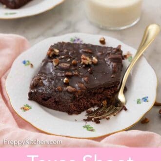 Pinterest graphic of a slice of Texas sheet cake with a bite taken out and a fork on the plate.