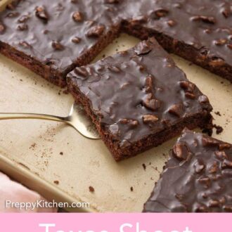 Pinterest graphic of a slice of Texas sheet cake about to me lifted from a sheet pan.