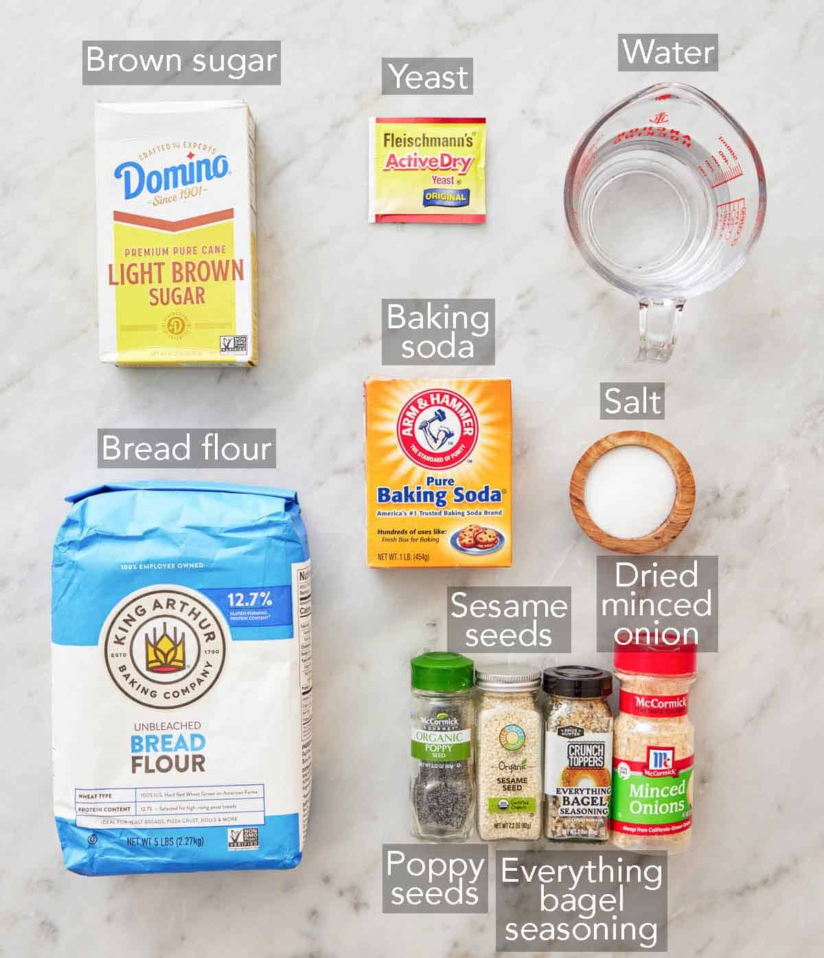 Ingredients needed to make a bagel recipe.