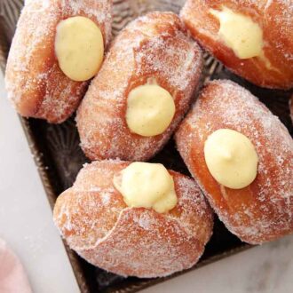 Overhead view of multiple bomboloni with the pastry cream popping out.