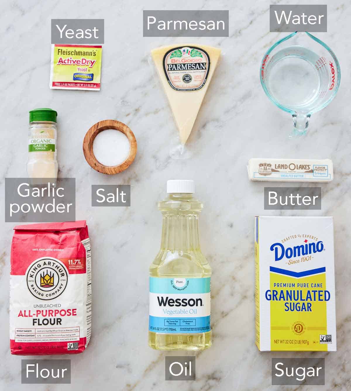 Ingredients needed to make breadsticks.