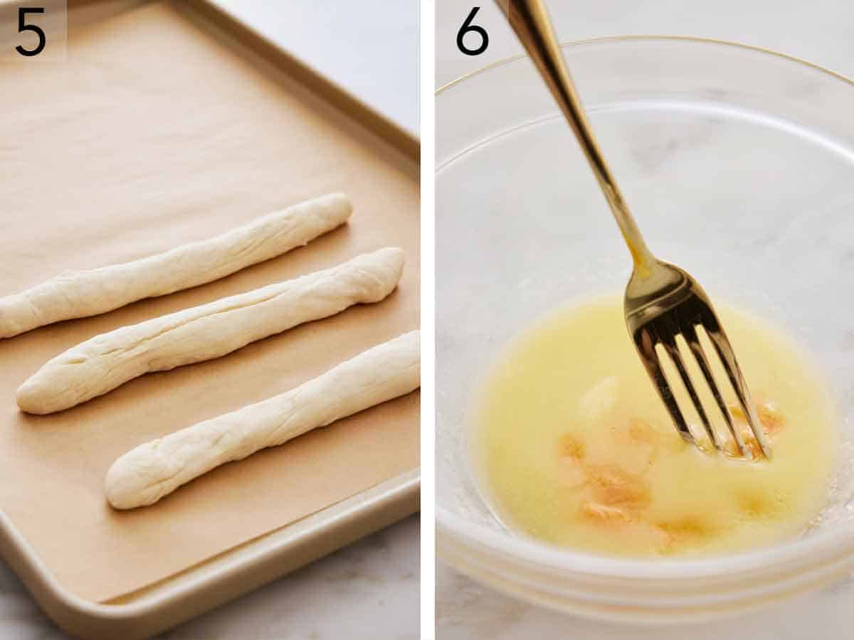 Set of two photos showing bread dough rolled into long logs and melted butter mixed with garlic powder.