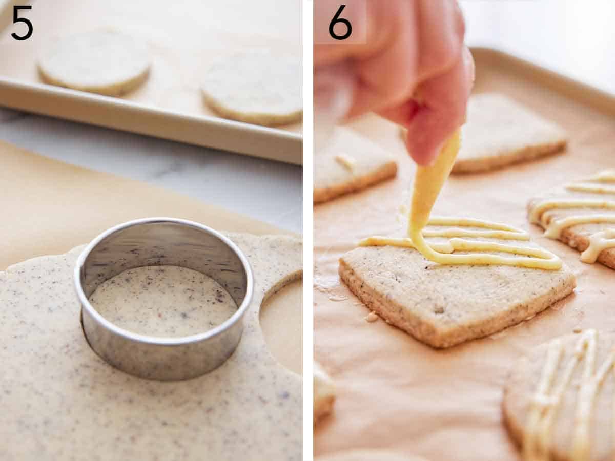 Set of two photos showing cookie dough cut and then decorated.