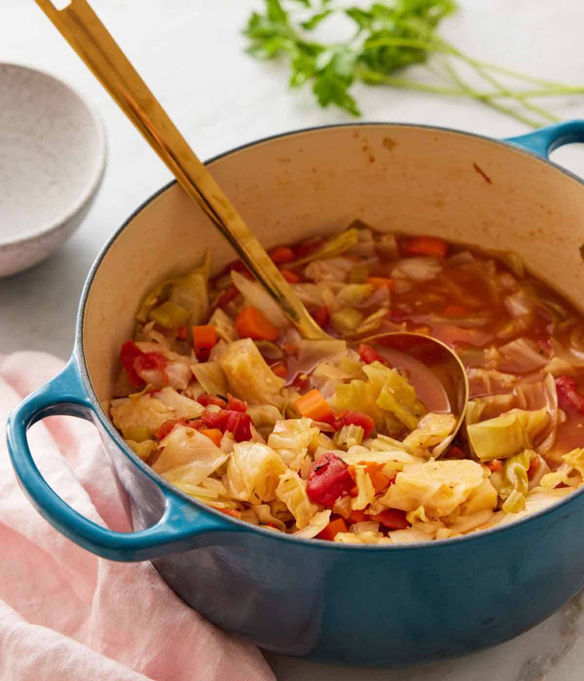 A pot of cabbage soup with a ladle inside.
