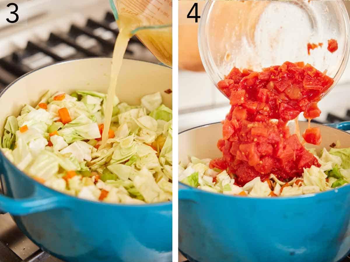 Set of two photos showing chicken broth and diced tomatoes added to a pot.
