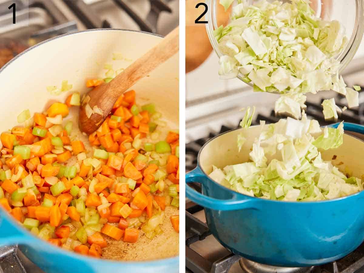 Set of two photos showing vegetables added to a blue pot.