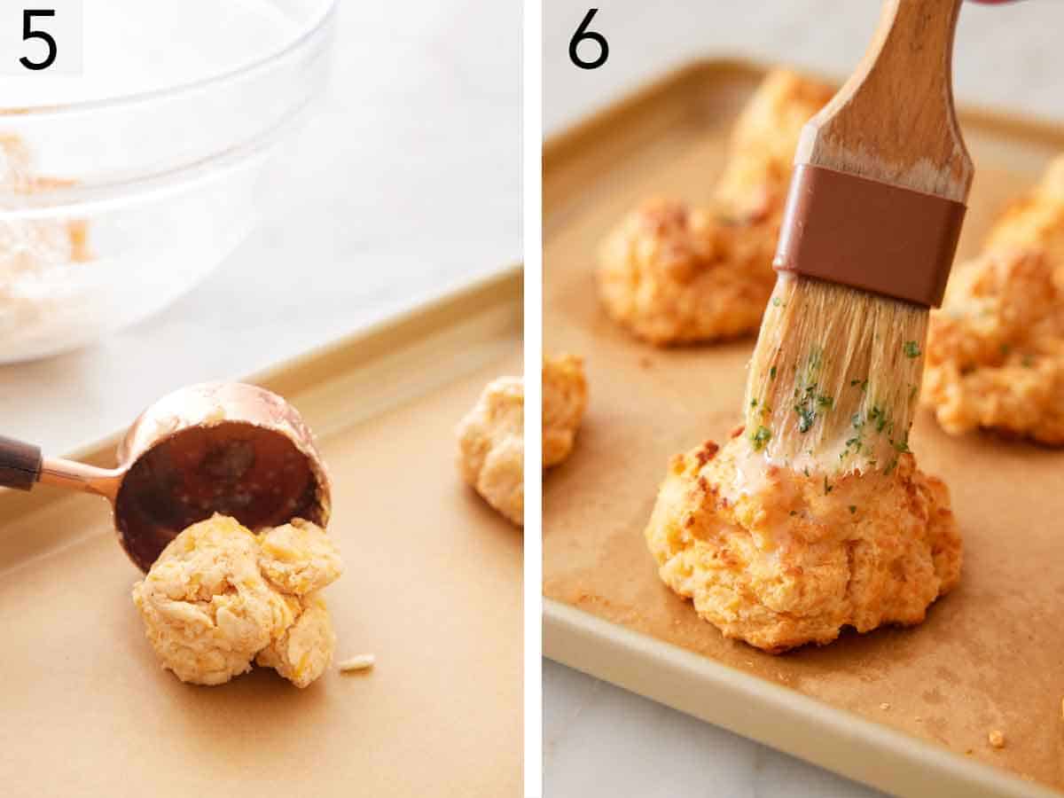 Set of two photos showing dough scooped onto a sheet pan then melted butter brushed on top.