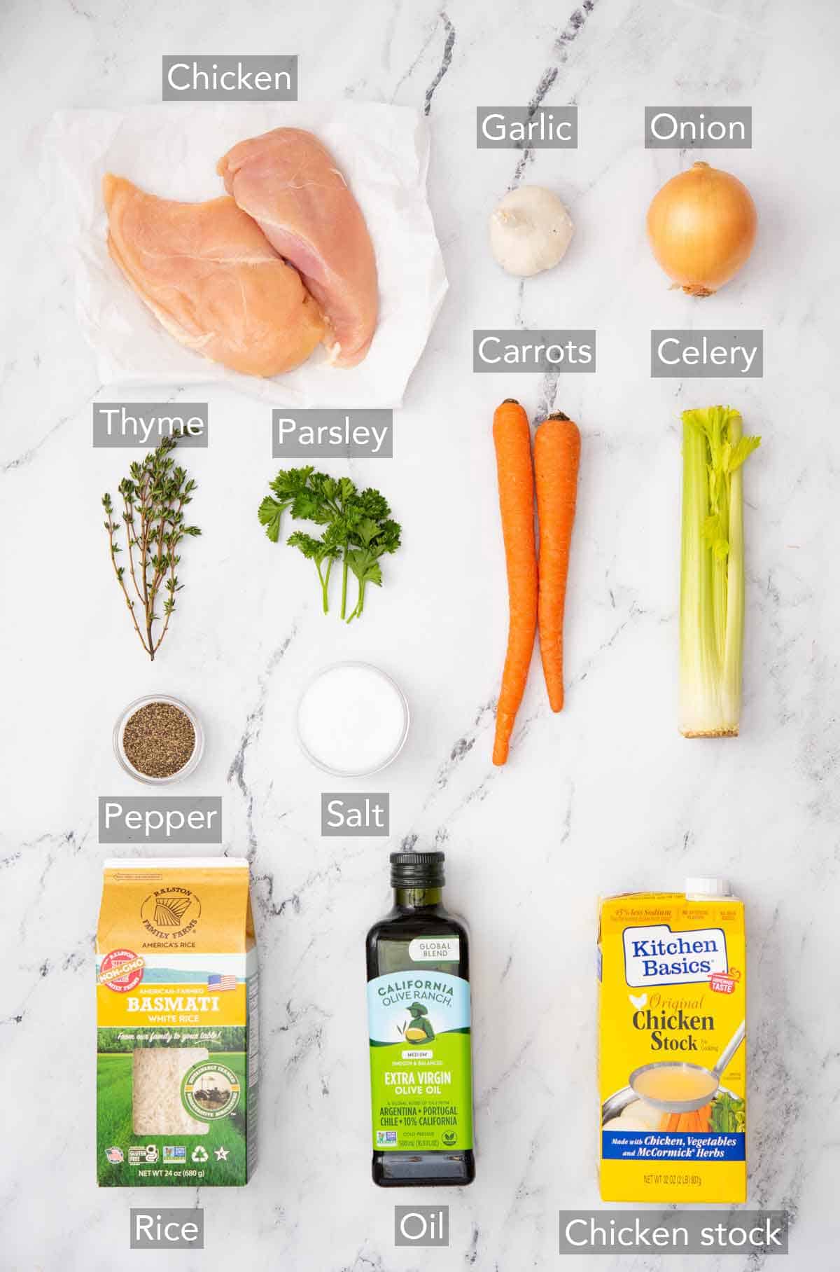 Ingredients needed to make chicken and rice soup.