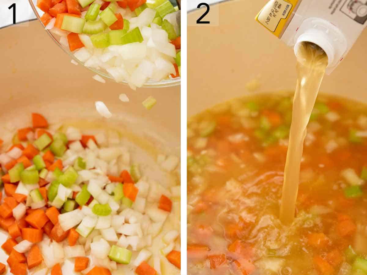 Set of two photos showing diced onion, celery, carrots, and broth added to a pot.