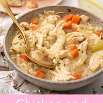 Pinterest graphic of a bowl of chicken and rice soup with a gold colored spoon inside the bowl.