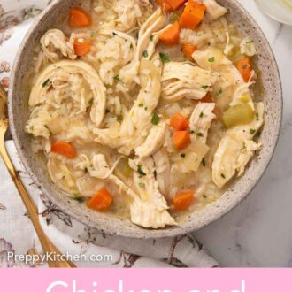 Pinterest graphic of an overhead view of a bowl of chicken and rice soup garnished with chopped parsley.