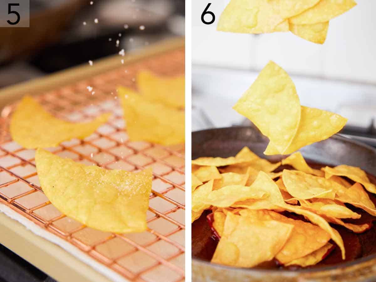 Set of two photos showing salt added to tortillas and added back to a skillet of sauce.