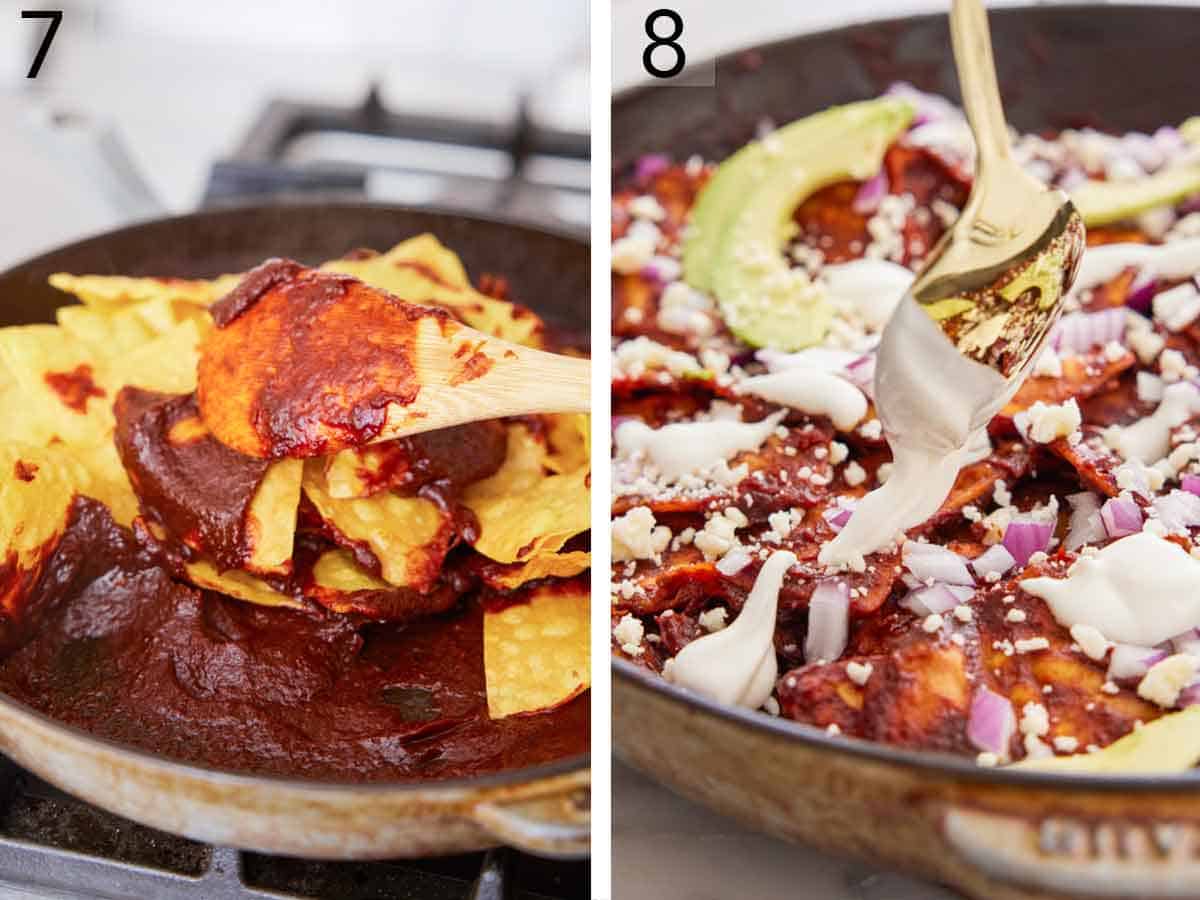 Set of two photos showing tortillas tossed in red sauce then topped with garnishes.