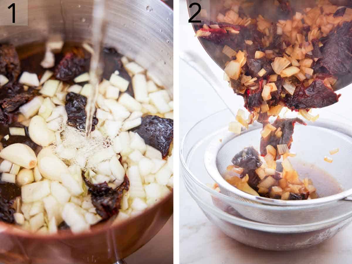Set of two photos showing dried chiles, garlic, and onions boiled in water then drained.