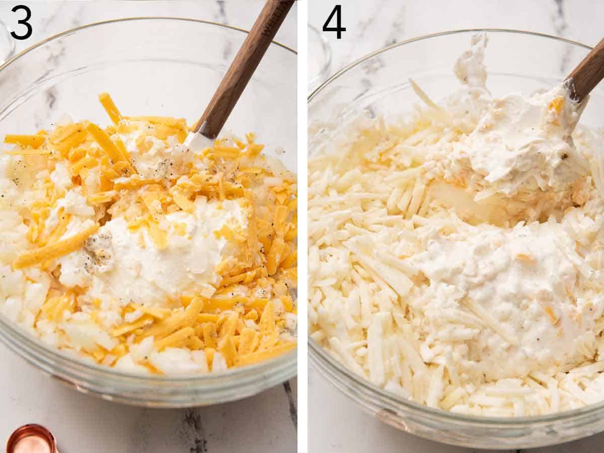 Set of two photos showing cream of chicken soup, onion, salt, and pepper added to a bowl and mixed together.